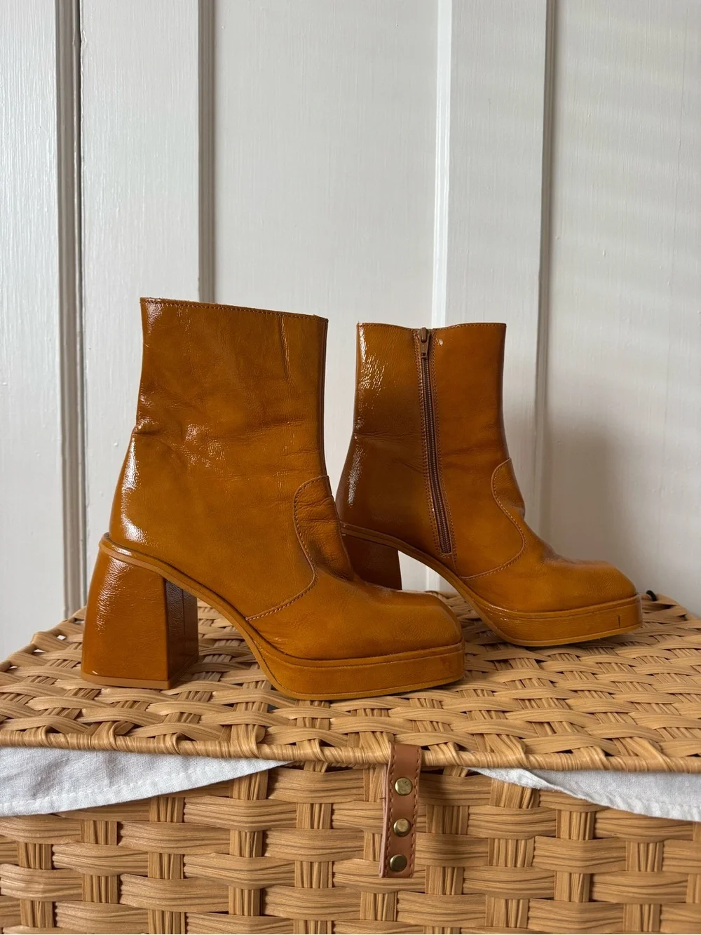 Free People Patent Platform Ankle Boots in Cognac